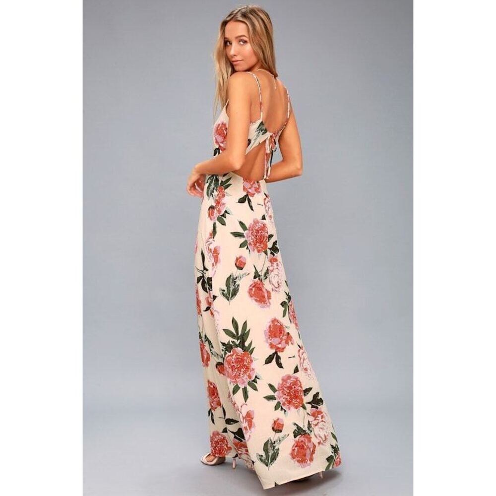 Lulus Santiago Blush Pink Floral Print Backless Maxi Dress - Size Small